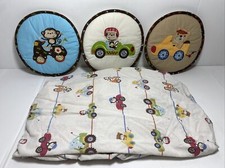 Kids Line Road Rally Crib Sheet and 3 Wall Hanging Decor Pillows Monkey Cars
