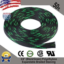50 FT 3/4" Black Green Expandable Wire Sleeving Sheathing Braided Loom Tubing US