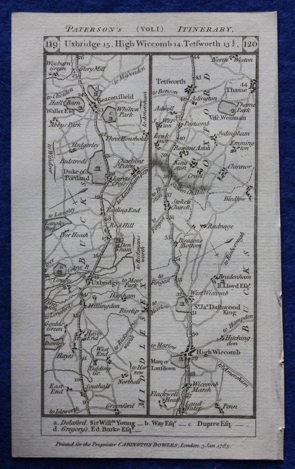 Original antique road map, PEMBROKE, MIDDLESEX, BUCKINGHAMSHIRE, Paterson, 1785 - Image 3 of 4