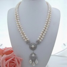 23" 2 Strands Freshwater Cultured White Pearl Necklace CZ Pendant