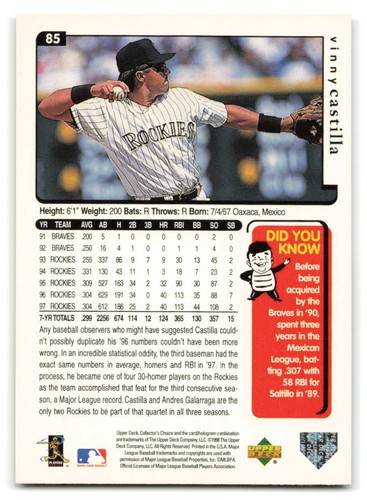 Vinny Castilla 1998 Collector's Choice BASEBALL #85 Colorado Rockies - 第 2/2 張圖片