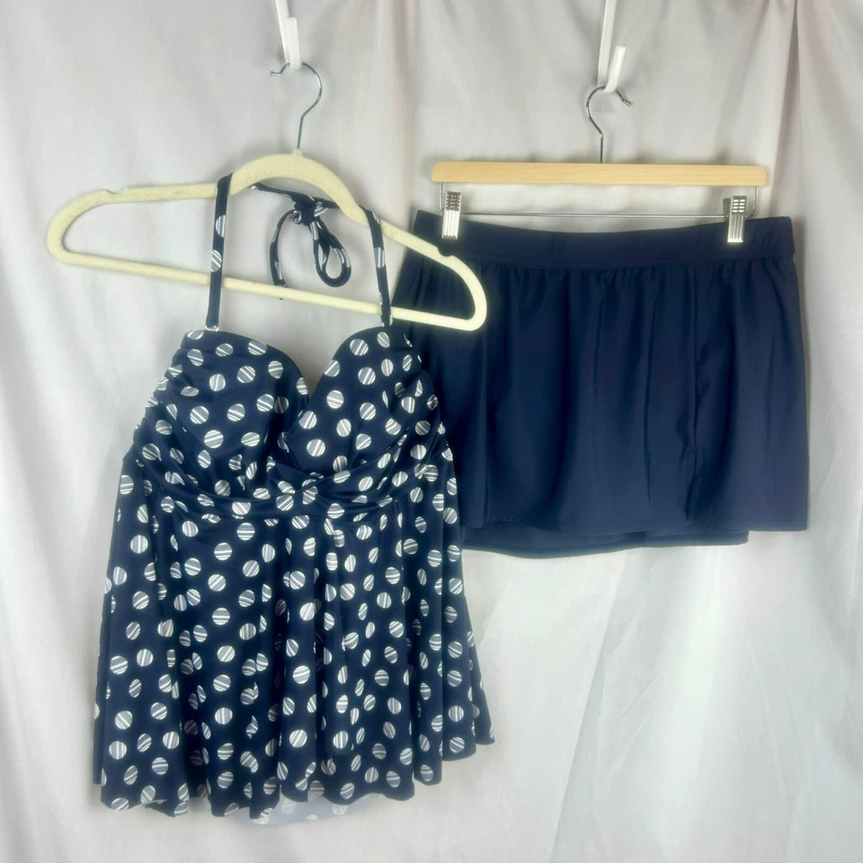Новый INC 2 изделия купальник женщин 14 темно-синий белый горошек с бретелью через шею юбка низ - Изображение 3 из 4