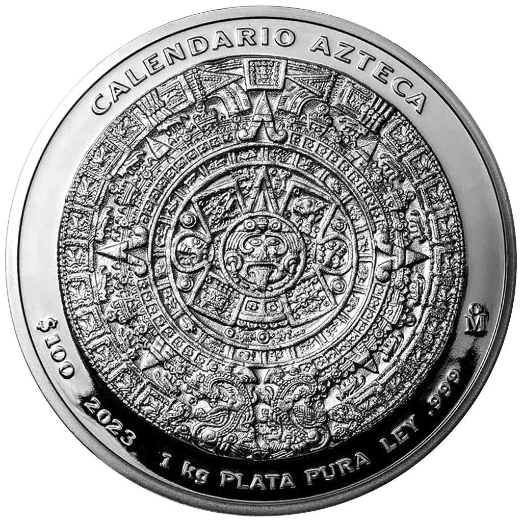 Silbermünze 1kg Azteken-Kalender 2023 - Mexiko - im Holz-Etui - Prooflike