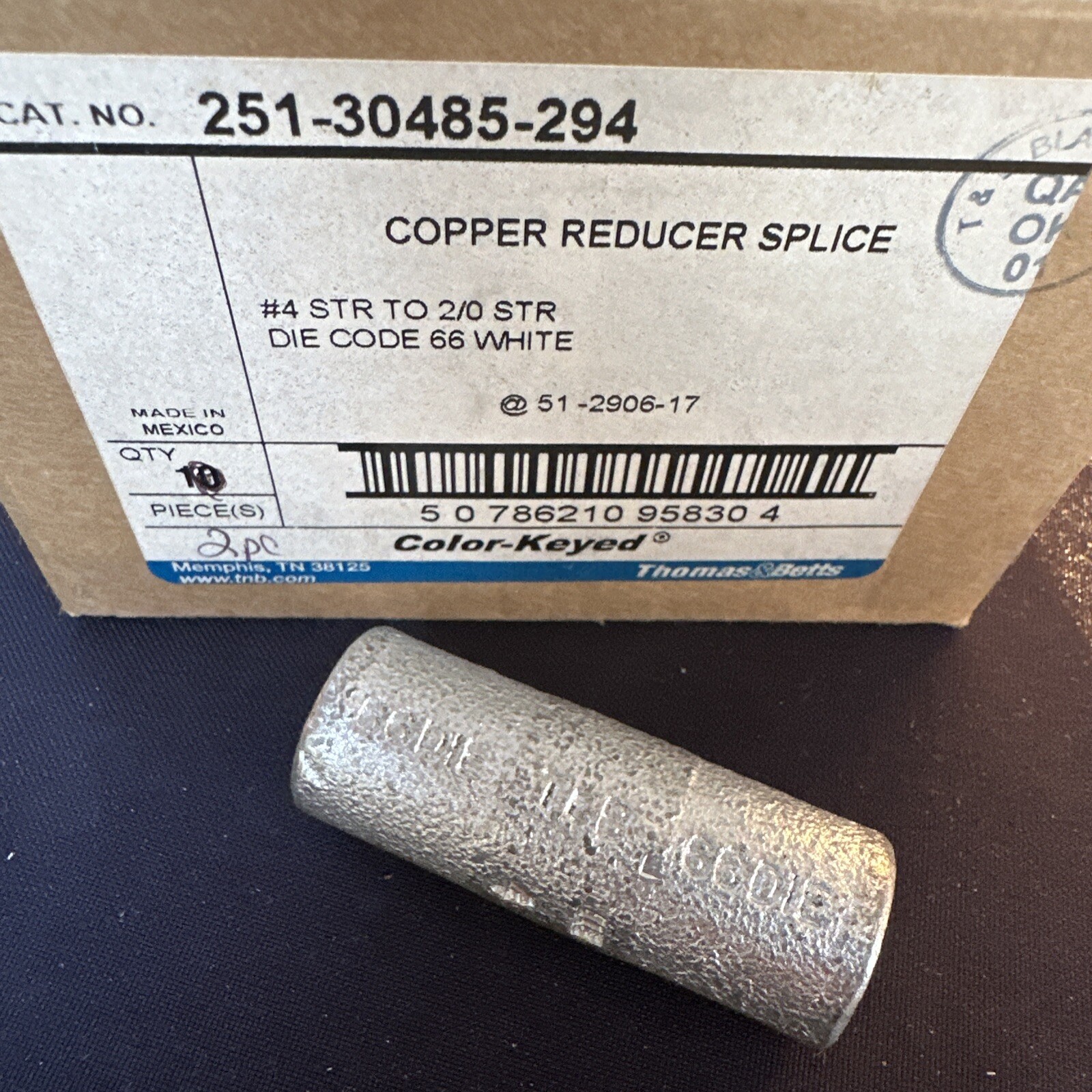 ABB 251-30485-294 Copper Reducer Splice #4 Str To 2/0 Die Code 66 White