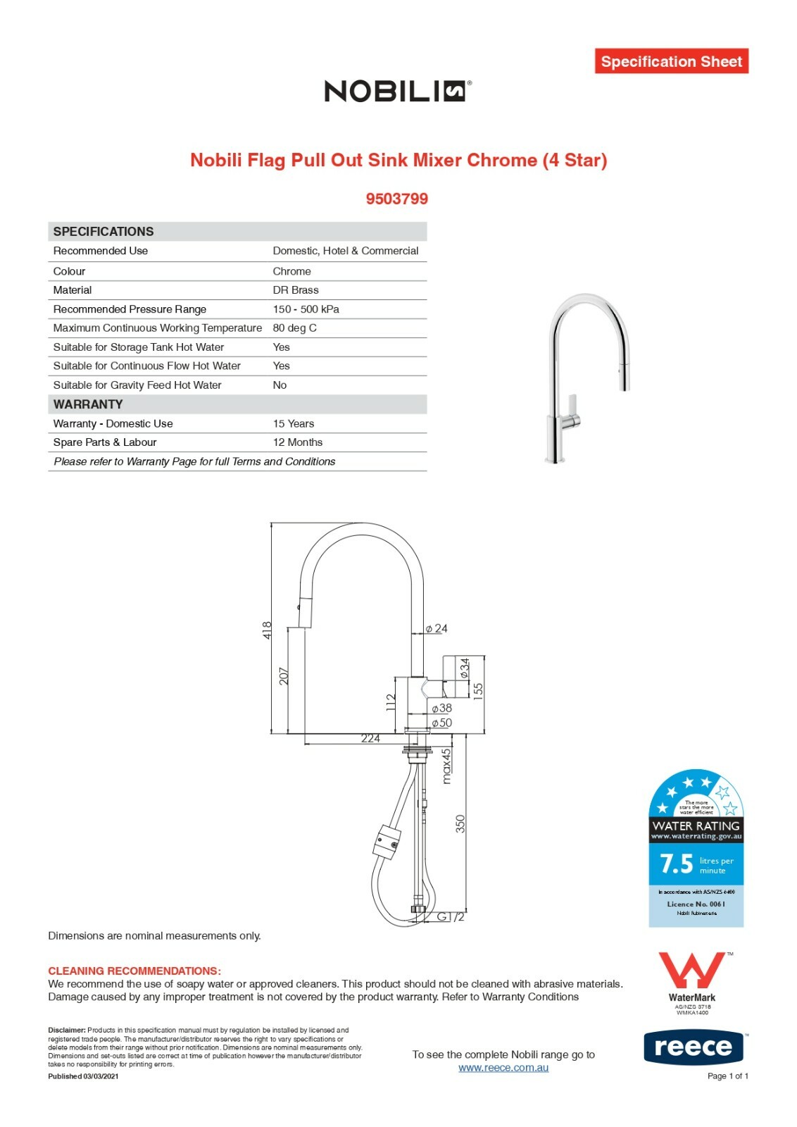 Teknobili FLAG 96137 PULL OUT SINK MIXER Swivel Outlet WELS 4 Star 7.5L