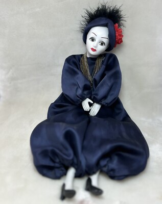 Vintage Antique Porcelain Doll Soft Body Navy Clothing Hat Feathers Beads  UK