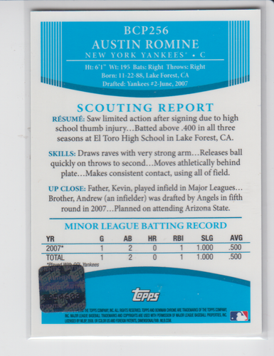 Austin Romine Yankees 2008 Topps Bowman Chrome Auto #BCP256 051823AZCD43 - Picture 2 of 2