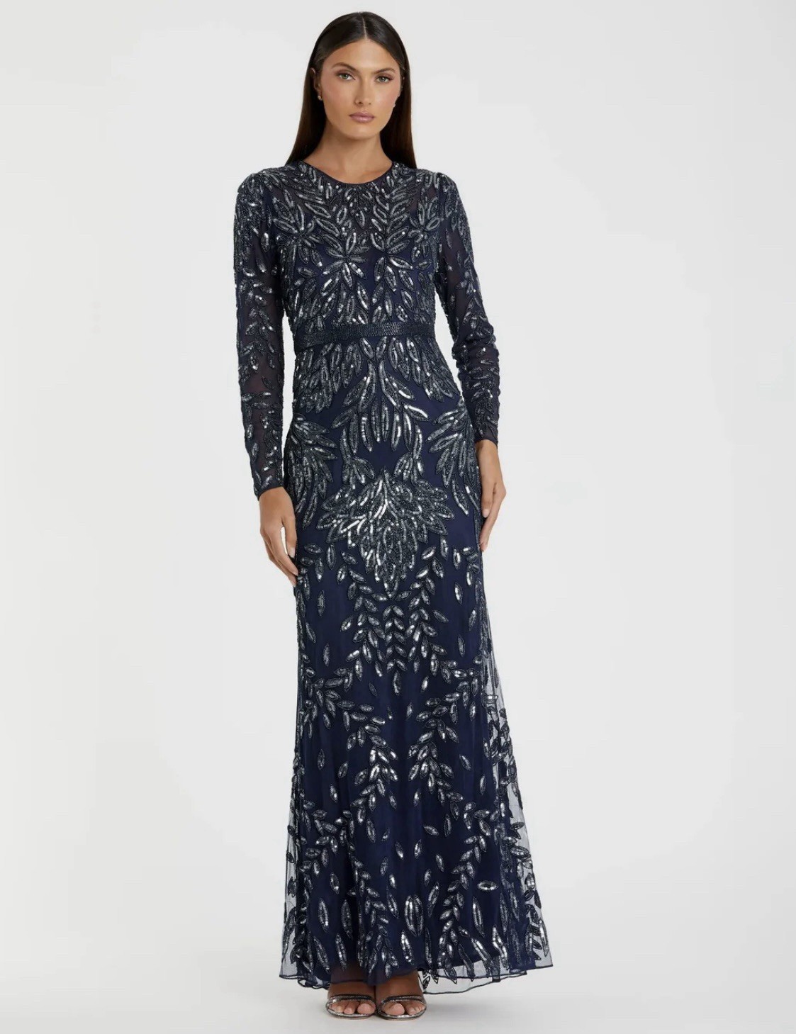 Mac Duggal 6023 Sz 14 Navy Blue Embellished Long Sleeve Gown $598