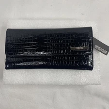 Kenneth Cole Reaction Faux Croc Trifold Wallet Charcoal Black Clutch Magnetic