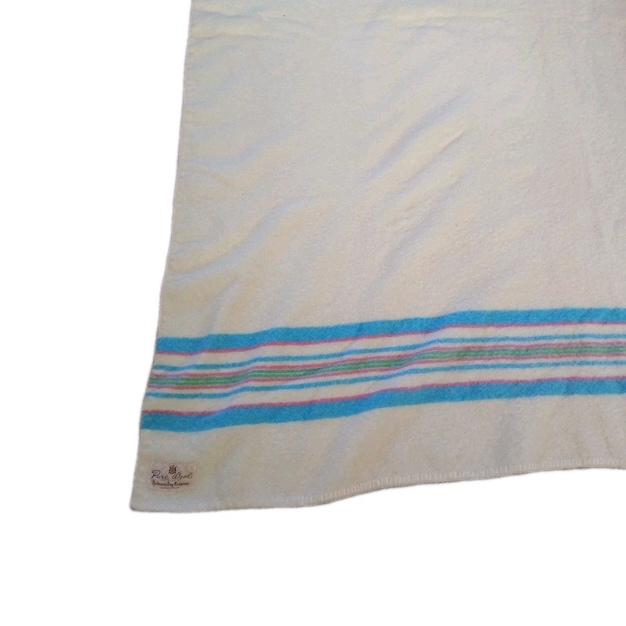 Vintage Pure Wool Hudson's Bay Blanket Rare Blue Green Pink Stripes 73"x63"