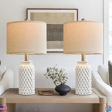 Set of 2 Modern 20.5" White Ceramic Bedside Lamps for Bedroom & Living Room