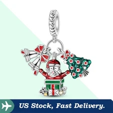 KUNSIR 925 Sterling Silver Charm For Bracelet Christmas Tree Bell Santa Pendant
