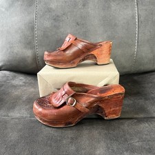 Zoccoli Joelle donna vintage anni 70 tacco legno pelle mules 7B frange tessuto marrone retrò