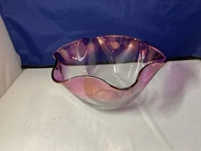 Vintage 10" Ruffled Scalloped Pink Edge Glass Bowl -B25