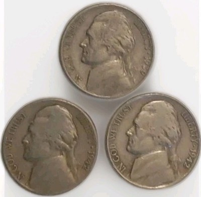 3 Different Jefferson Nickels 5c Cent Coins 1939 1942 P D KM#192 Free Post