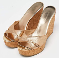 Jimmy Choo Women's Gold Suede Platform Wedge Slide Sandals Glitter Logo 8