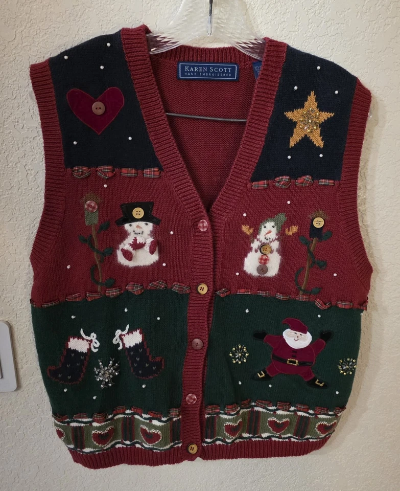 Karen Scott Bordado a Mano Navidad Suéter Chaleco Talla L 21"PTP Muñecos de Nieve Santa Foto 2 de 4
