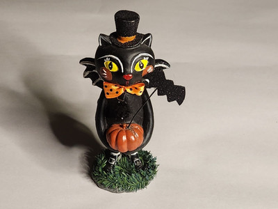 Halloween Black Cat Shabby Chic Figurine Bat Pumpkin Unique Decor 6''