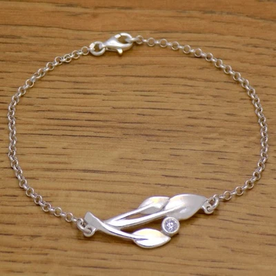 Armband aus massivem 925er-Sterlingsilber, Blumenblatt, weiße CZ, 18,0 cm... - Bild 1 von 3