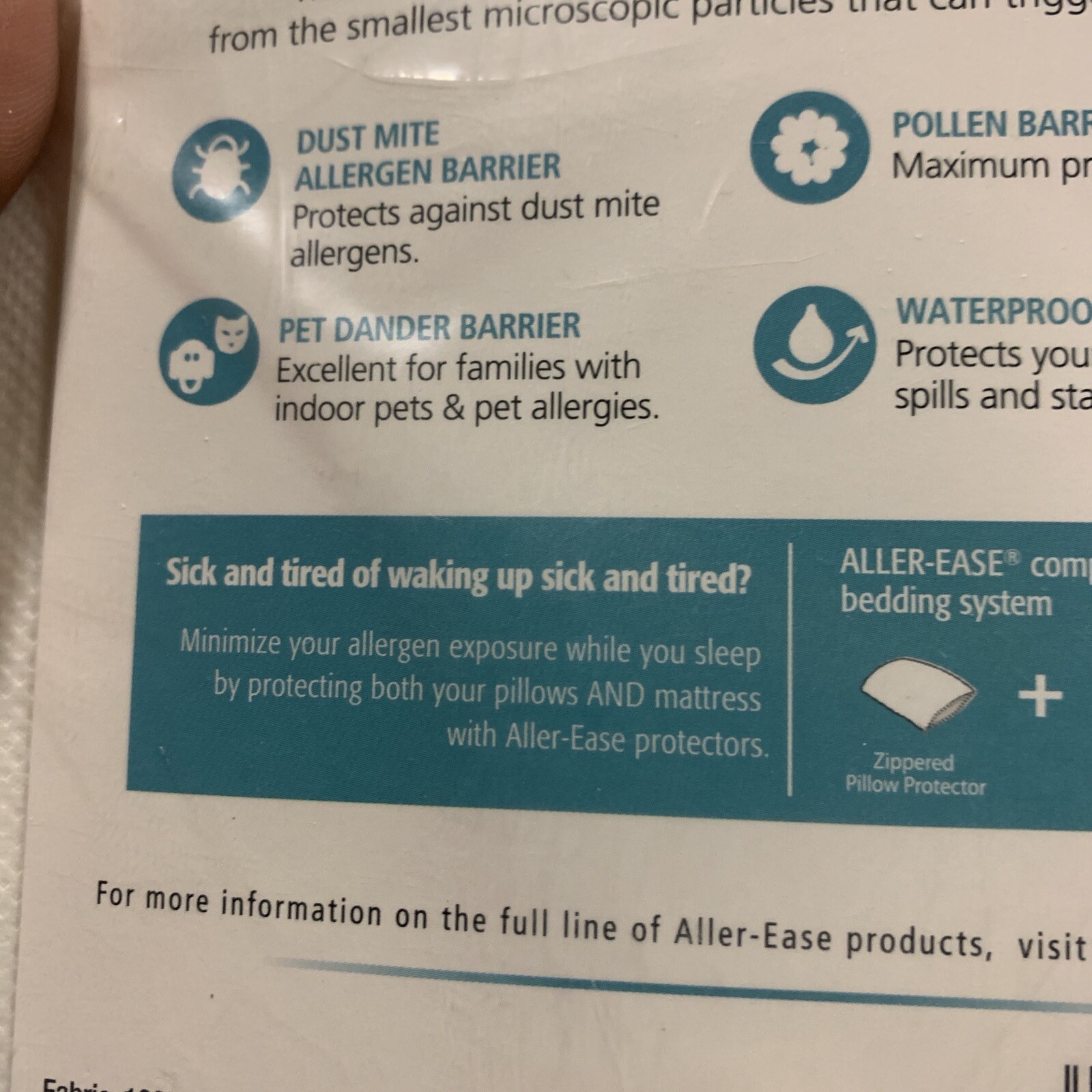 Sealed Allerease pillow protector,white,std queen size (20x28”),RN