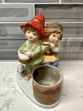 Vintage 1979 Jasco Hand Painted Porcelain Candle Holder Boy Girl Music Luvkins
