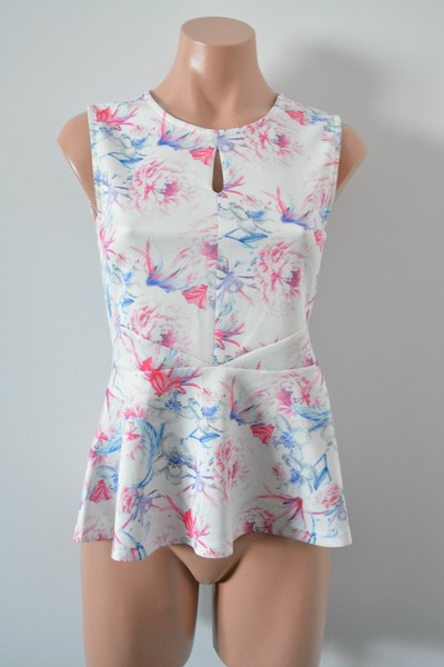 Caroline Morgan Top Size 8 White Pink Blue Floral Peplum Sleeveless Blouse  