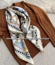 18 Momme Twill Silk Wrap Scarf Horse Print Double Face Square Shawl 35" Cream