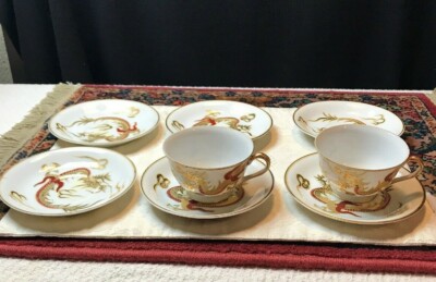 Gold Dragon Cups and Saucers Gold and Red Trim KTM  Japan 8 Pieces Elegant