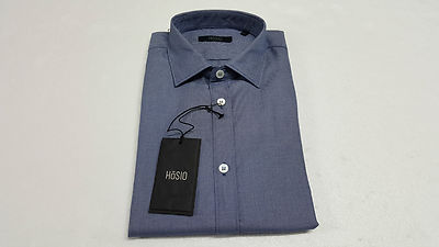 HOSIO Herren Hemd Blau Operierter Stoff 100% Baumwolle Slim Fit