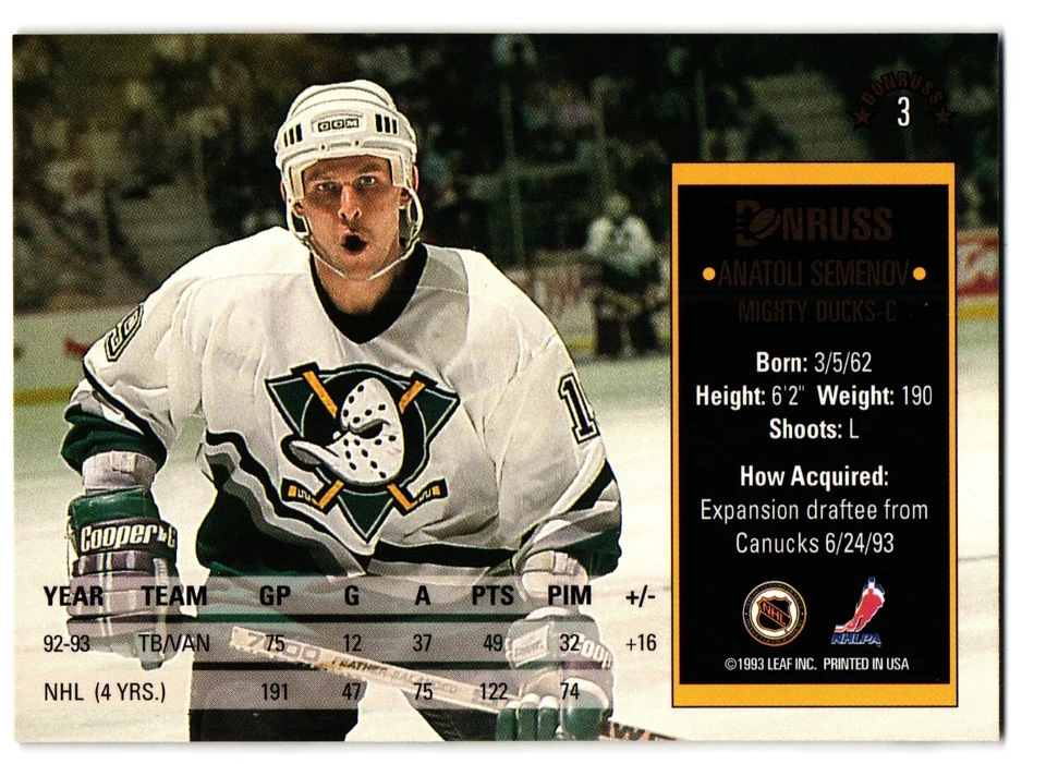 1993-94 Donruss #3 Anatoli Semenov, Anaheim Mighty Ducks - Image 2 of 2