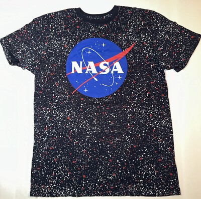 NASA All Over Print Stars Logo T Shirt Buzz Aldrin Men Sz Large Navy Blue Black