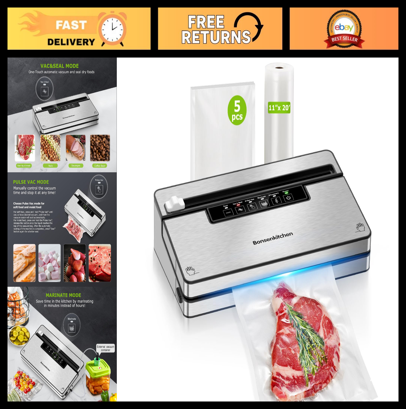 Stainless Steel Vacuum Sealer 5 Modes Built-in Cutter