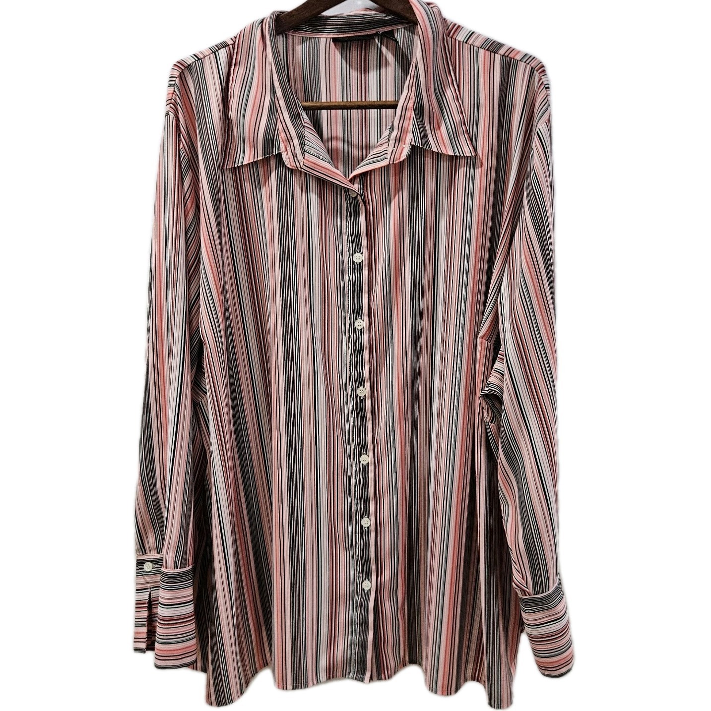 Maggie Barnes Womens Pink Black Vertical Stripe Button Up Shirt 5X 34/36 Career