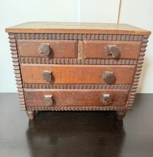 Vintage Miniature Wooden 4-Drawer Jewelry Chest Dresser Box Branded Handmade