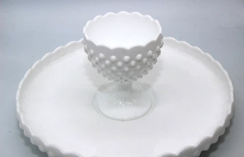 Vintage 12"  Fenton White Hobnail Milk Glass Chip n Dip Plate & Bowl