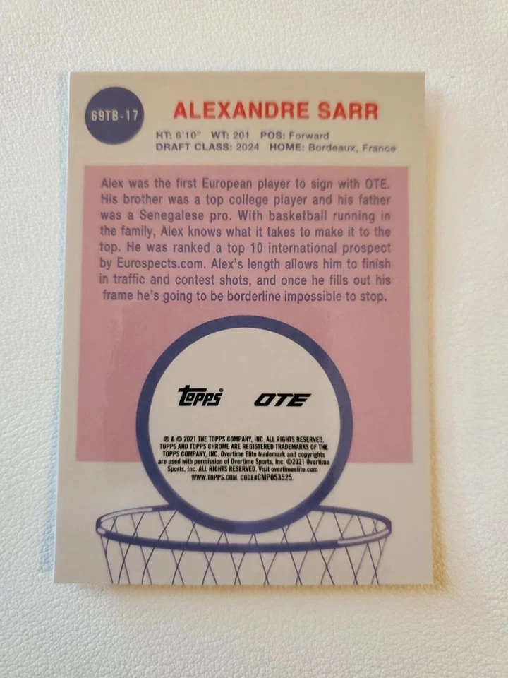 Alexandre Sarr 2021 Topps Chrome OTE 1969 Basketball Insert No.69TB-17 - Image 2 of 2