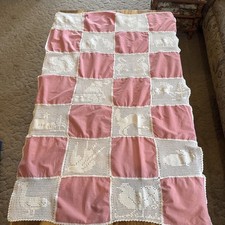 Handmade Baby Crib Size Bed Spread Pink  Cream Color Crochet Animals Patchwork