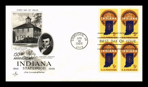 DR JIM STAMPS US COVER INDIANA STATEHOOD 150TH ANNIVERSARY FDC BLOCK OF 4