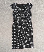 Adrianna Papell Womens Dress UK 8 Black White Polka Dot Ruched Floral Applique