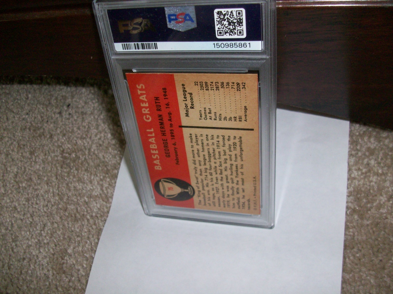 1961 FLEER #75 BABE RUTH PSA NM 7 view 2