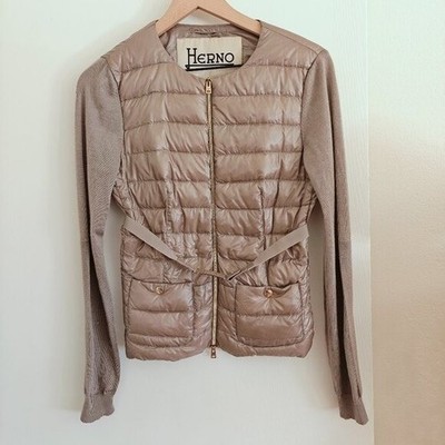 Herno Gold Down Feather & Silk Cashmere Sleeves Puffer Belted Front Zip Jacket 6