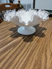 Vintage Fenton Silver Crest Ruffled Edge Candy Bowl Dish Milk Glass on Pedestal