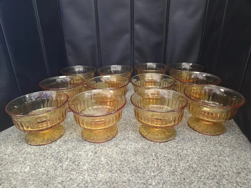 Vintage Ribbed Amber Yellow Footed Glass Sherbet Fruit Bowls - Set of 12