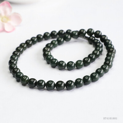8mm Certified Natural Black Green Hetian nephrite Jade Necklace Handmade 20 