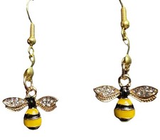 Bumble Bee Pierced Earrings Golden Bling Color Yellow And Black Dangle Drop