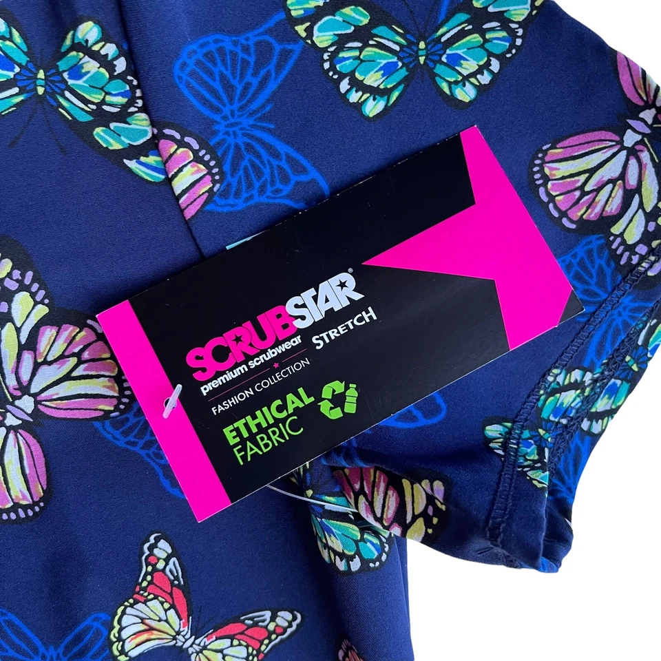 Scrubstar Women's Size Medium Butterfly Print Scrub Top Navy Blue NWT - Image 3 of 4