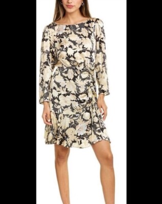 Rebecca Taylor Dress Women Size 10 Silk Gold Leaf Scrunched Tie Mini Ruched  T | eBay