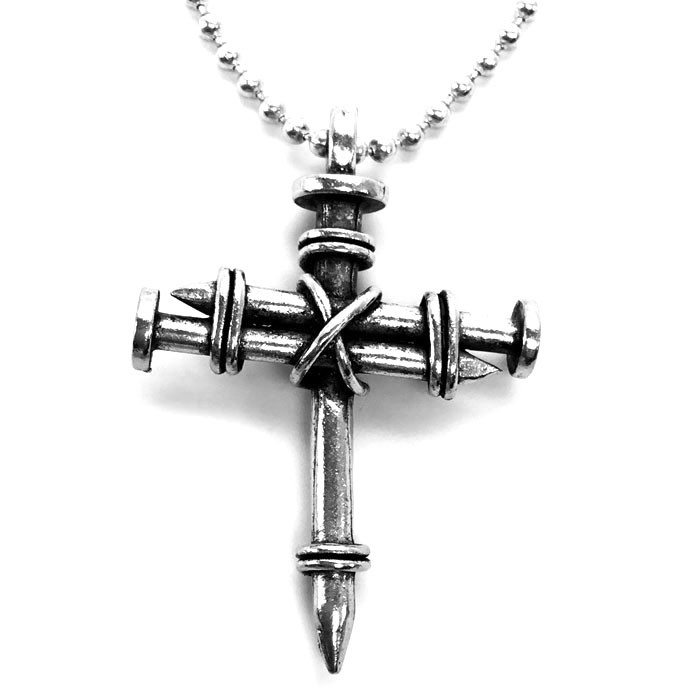 Nail Cross Necklace with Wrapped Wire Accent Silver Pewter Gift Box