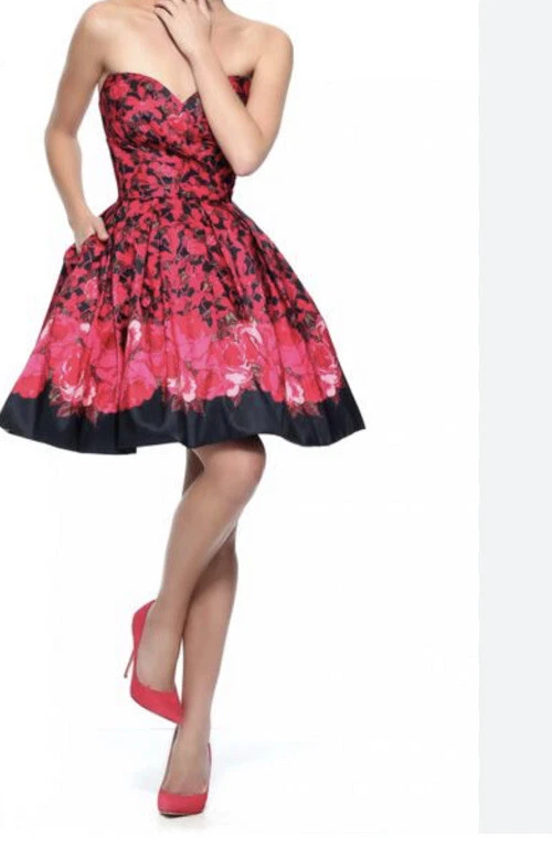 NUEVO Vestido de fiesta Sherri Hill talla 10 rosa/rojo/negro floral sin tirantes satinado Foto 2 de 4