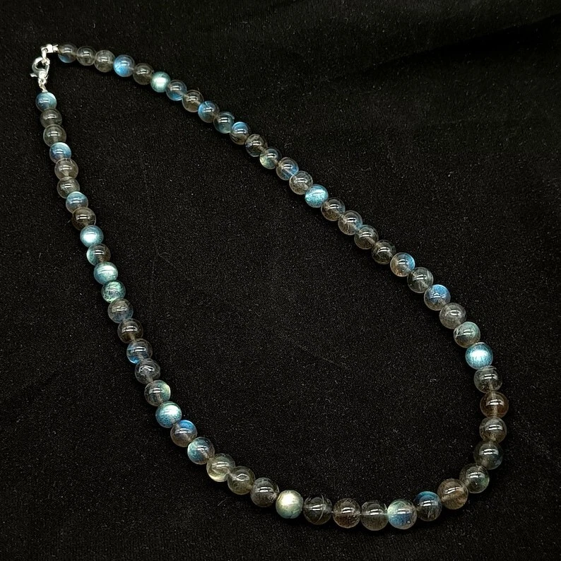 Hermosos collares llamativos de labradorita lisos redondos de piedras preciosas hechos a mano de 18"" Foto 4 de 4
